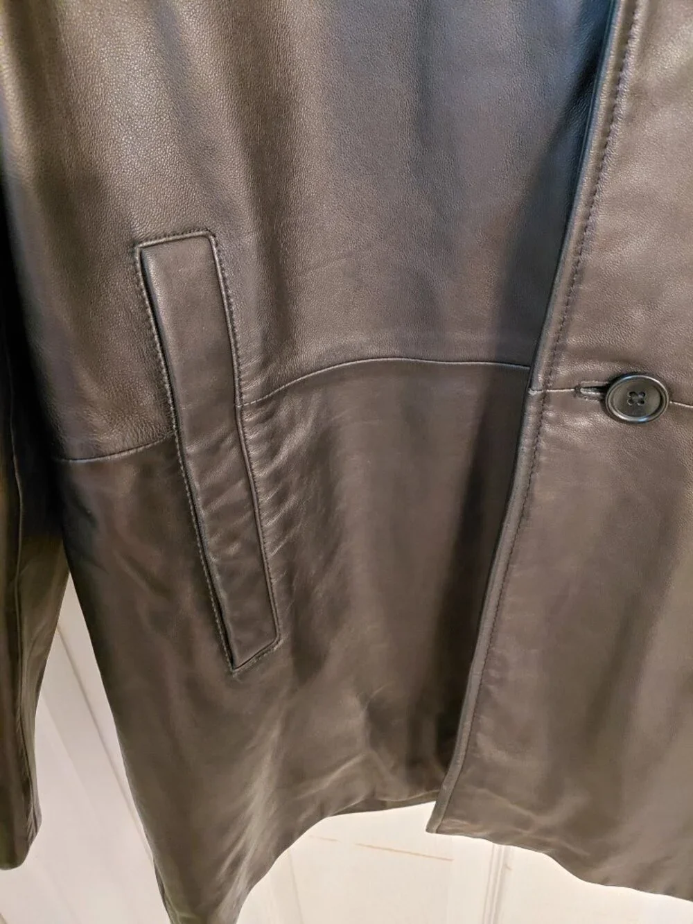 Vintage Banana Republic Black Leather Jacket Coat Button Front Medium Pockets